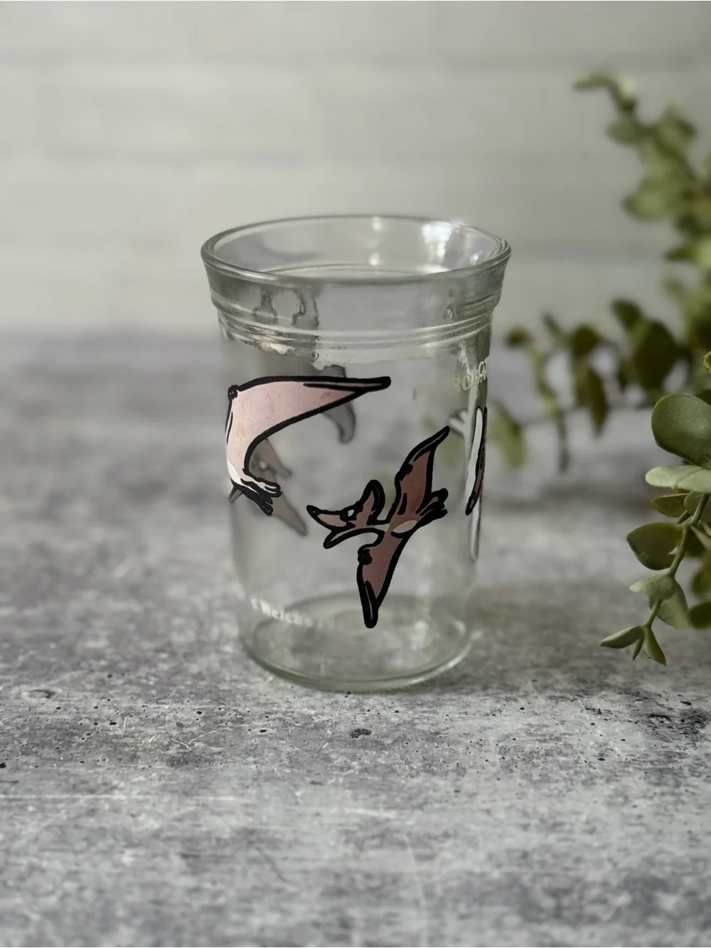 Vintage 1988 Dinosaur pterodactyl Welch's Glass Jam Jar 80s